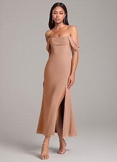 Azazie Saige Bridesmaid Dresses Champagne Rose Sheath Off the Shoulder Chiffon Convertible Dress image3