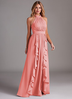 Azazie Avary Bridesmaid Dresses Coral A-Line Pleated Chiffon Dress image5