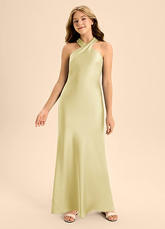 Azazie Doretta Junior Lemon Sorbet A-Line Pleated Stretch Satin Dress image4