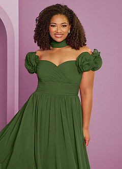 Barbie ♥ Azazie Bridesmaid Dresses Olive A-Line Off the Shoulder Chiffon Convertible Dress image11