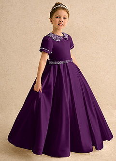 Azazie Gabriella Flower Girl Dresses Grape Ball-Gown with Sleeves Matte Satin Dress image1