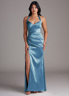 Azazie Emeria Bridesmaid Dresses Steel Blue Sheath Side Slit Metallic Satin Dress image1