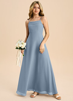 Azazie Anselie Junior Robe Trapèze en Mousseline de soie Épaule décolletée Bleu Poussiéreux image7