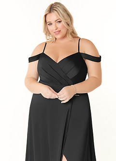 Azazie Ocean Vestidos de damas de honor Vestido de Negro de Satén Elástico de Corte en A con Cuello en V Plisado image10