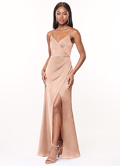 Azazie Maci Bridesmaid Dresses Rose Gold A-Line V-Neck Pleated Stretch Satin Dress image3