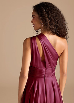 Azazie Charlize Bridesmaid Dresses Burgundy A-Line One Shoulder Metallic Satin Dress image3