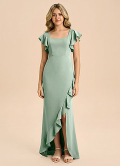 Azazie Demi Junior Agave Mermaid Bow Stretch Satin Dress image5