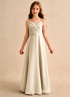 Azazie Umina Junior Formal Abiti da Ragazza di Fiori Abito A-Line in Raso Opaco Plissettato Champagne image6