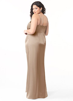 Azazie Maci Vestidos de damas de honor Vestido de Gris Pardo de Satén Elástico de Corte en A con Cuello en V plisado image8