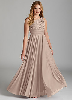 Azazie Charlize Junior Taupe A-Line Mesh Dress image3