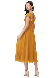 Azazie Bondi 신부 들러리 드레스 A라인 셔링 쉬폰 티 길이 드레스 image2