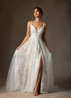 Azazie Monda Abiti da Sposa Abito A-Line in Tulle Pizzo Bianco Diamante Champagne image3