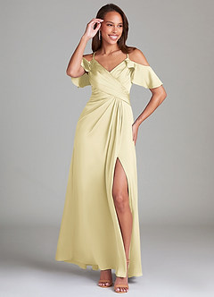 Azazie Dakota Bridesmaid Dresses Lemon Sorbet A-Line Off the Shoulder Stretch Satin Dress image4