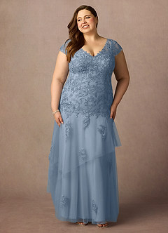 Azazie Romy vestidos de madre de la novia Vestido de Azul Polvoriento de Tul de Sirena con Cuello en V Lentejuelas image7