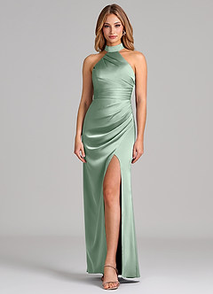 Azazie Karlotta Vestidos de damas de honor Vestido de Agave de Satén Elástico de Corte Recto con Plisado image1