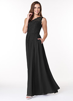 Azazie Demi Vestidos de damas de honor Vestido de Negro de Gasa de Corte en A con Hombro unilateral image3