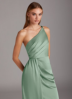 Azazie Mika At-home Try On Dresses Agave Sheath One Shoulder Stretch Satin Dress image7