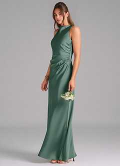 Azazie Evadne Bridesmaid Dresses Eucalyptus A-Line Pleated Stretch Satin Dress image1