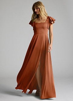 Azazie Bondi Bridesmaid Dresses Copper A-Line Bow Stretch Satin Dress image6