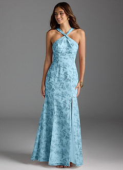 Azazie Rue Bridesmaid Dresses Blue Fern Floral A-Line Halter Chiffon Dress image4