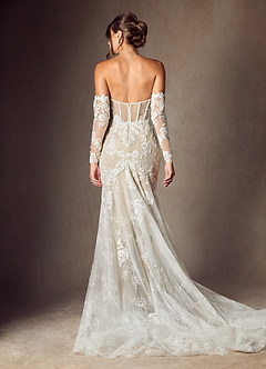 Azazie Caitlin Wedding Dresses Diamond White Nude Mermaid Strapless Lace Dress image11