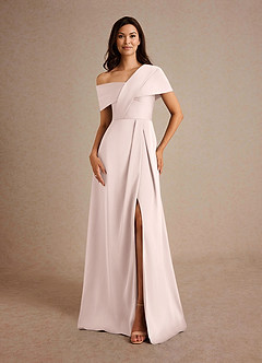 Azazie Milton Mother of the Bride Dresses Blushing Pink A-Line Pleated Stretch Satin Dress image5