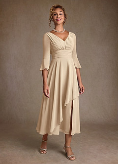 Azazie Aerynne 신부의 어머니 드레스 A라인 주름진 쉬폰 티 길이 드레스 image1