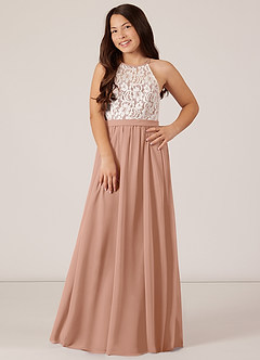 Azazie Fahari Junior Champagne Rose A-Line Lace Chiffon Dress image2