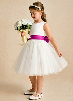 Azazie Sosie Flower Girl Dresses Ivory Fuchsia A-Line Pleated Tulle Dress image3