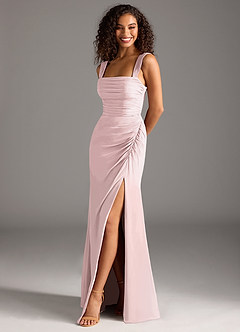 Azazie Jesaphine Bridesmaid Dresses Blushing Pink Sheath Bow Chiffon Dress image1