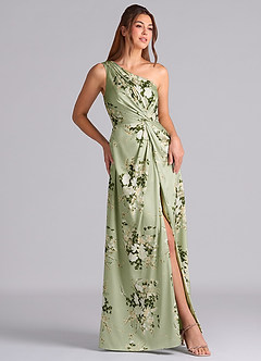 Azazie Brooke Vestidos de damas de honor Vestido de Enredaderas Florales de Satén Elástico de Corte en A con Hombro unilateral image5