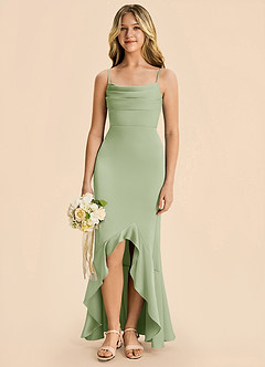 Azazie Magnolia Junior Robe Fourreau en Satin extensible Rayé Vert Sauge image1