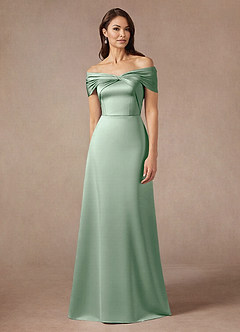 Azazie Amelia Mother of the Bride Dresses Agave A-Line Off the Shoulder Stretch Satin Dress image1