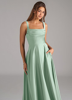 Azazie Shaude Bridesmaid Dresses Agave A-Line Pleated Stretch Satin Dress image2