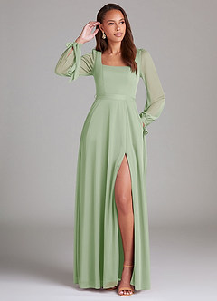 Azazie Leonia Bridesmaid Dresses Dusty Sage A-Line Long Sleeve Mesh Dress image1