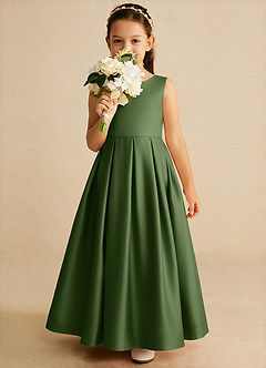 Azazie Cailee Flower Girl Dresses Olive Ball-Gown Pleated Matte Satin Dress image3