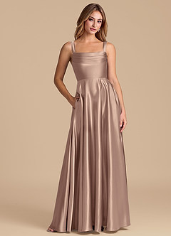 Azazie Shaude 신부 들러리 드레스 A라인 주름진 메탈릭 새틴 바닥 길이 드레스 image1