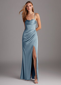 Azazie Brookelle Bridesmaid Dresses Dusty Blue Sheath Sweetheart Corset Stretch Satin Dress image2