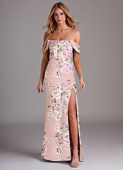 Azazie Saige Bridesmaid Dresses Rosy Floral Bloom Sheath Off the Shoulder Stretch Satin Dress image3