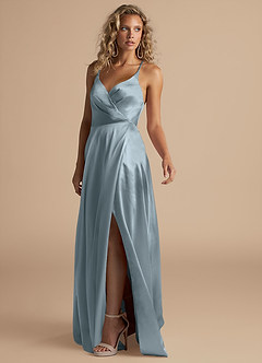 Azazie Davis Bridesmaid Dresses Dusty Blue A-Line Pleated Metallic Satin Dress image5