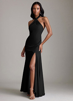 Azazie Lorena Vestidos de damas de honor Vestido de Negro de Gasa de Corte Sirena con Plisado image4