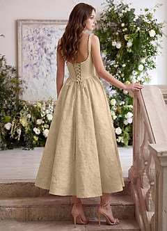Sephone Champagne Square Neck Pearl Corset Midi Dress image5