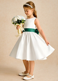 Azazie Sosie Flower Girl Dresses Ivory Emerald A-Line Pleated Matte Satin Dress image3