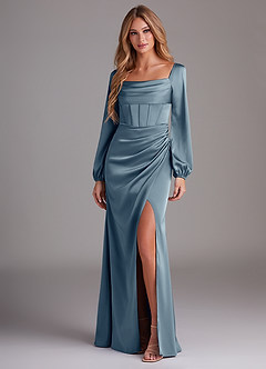 Azazie Charissa At-home Try On Dresses Dusty Blue Sheath Long Sleeve Stretch Satin Dress image4