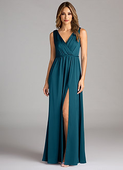 Azazie Tanicia Bridesmaid Dresses Ink Blue A-Line Pleated Stretch Satin Dress image3