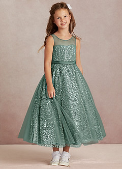 Azazie Siwa Sukienki dla dziewczynek sypiących kwiaty Linia A Zroszony Tiul Długość kostki Sukienka image2