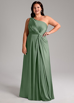 Azazie Brooke Vestidos de damas de honor Vestido de Matcha de Satén Elástico de Corte en A con Hombro unilateral image12