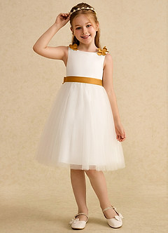 Azazie Lona Abiti da Ragazza di Fiori Abito A-Line in Raso Opaco Fiocco Avorio Caramello image3