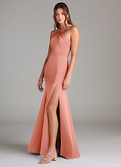 Azazie Rue Bridesmaid Dresses Coral A-Line Pleated Stretch Satin Dress image5
