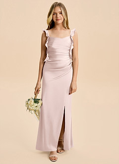 Azazie Jessamine Junior Blushing Pink A-Line Ruched Stretch Satin Dress image1
